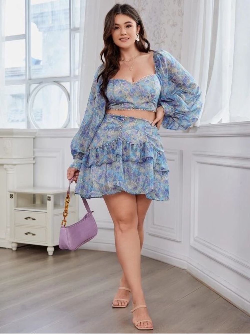 SHEIN Floral Two-Piece Set Puff Sleeve Crop Top & Ruffle Skirt Size Small
